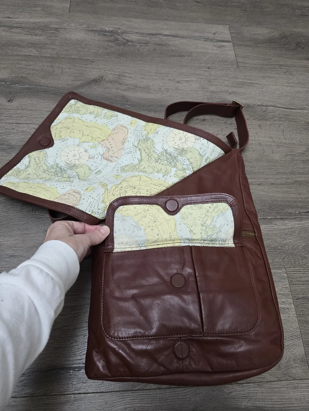 Hobo Asymeyrical Mahogony Leather Shoulder Bag Map Fabric Lining